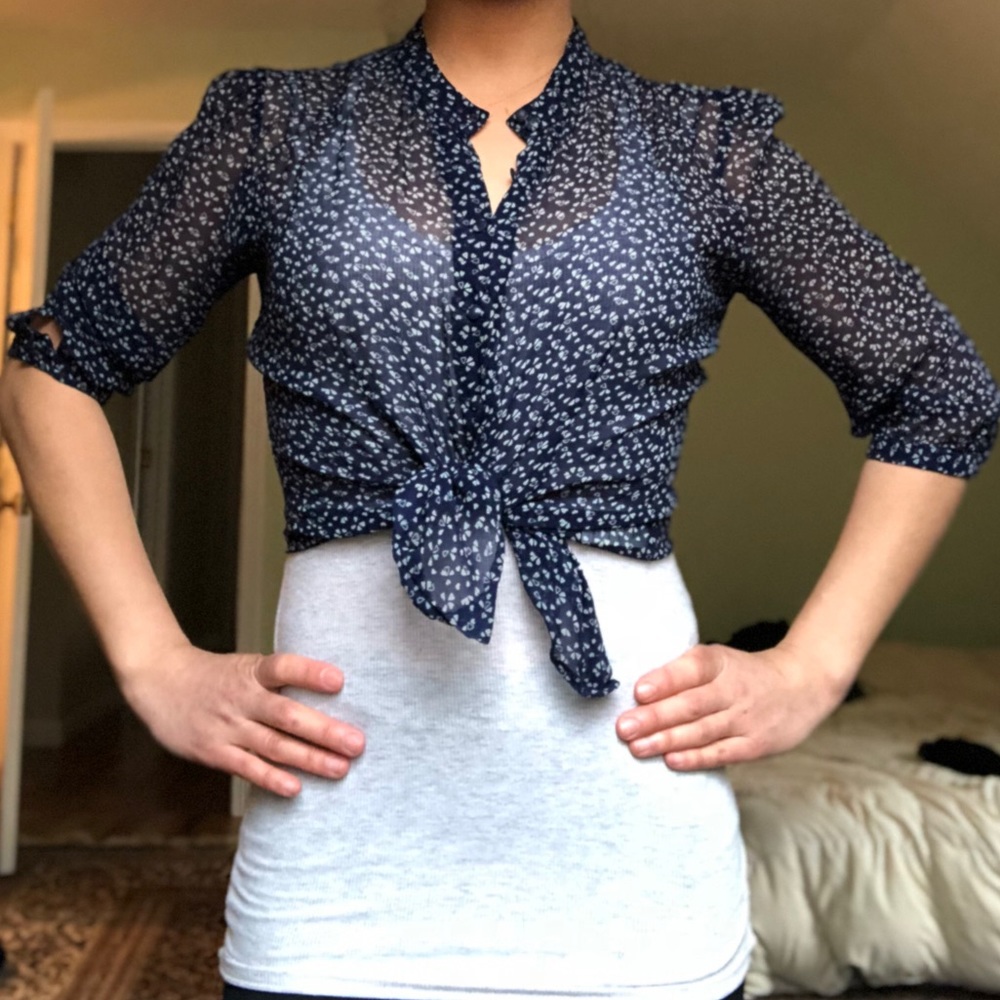 Sheer, patterned, navy patterned blouse shirt
